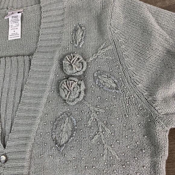 Adrian Delafield Women Knit Sweater Medium Gray Beaded Crochet Embellished - Picture 3 of 9